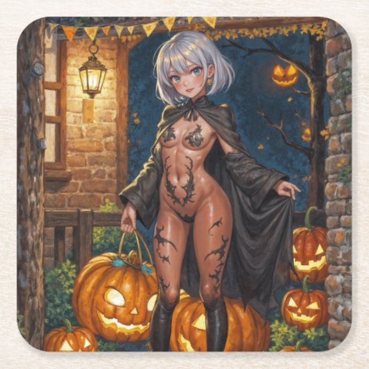 Trick or Treater, dappere Halloween kostuum meisje Kartonnen Onderzetters (Voorkant)