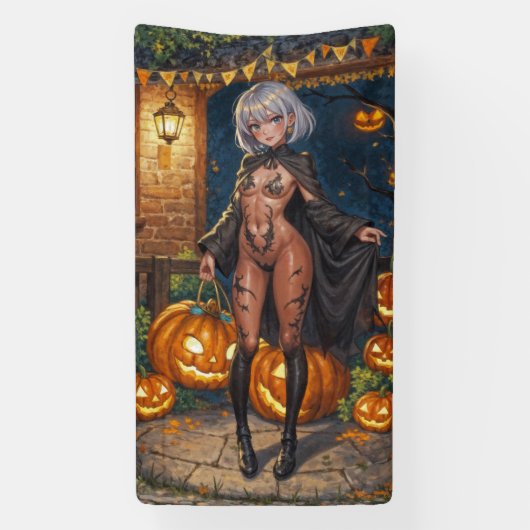 Trick or Treater, dappere Halloween kostuum meisje Spandoek (Verticaal)