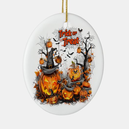 Trick ors treat I Pompoen en vleermuizen Keramisch Ornament (Rechts)
