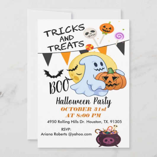 Trick ors treat Schattigee Ghost Halloween Invitat Kaart (Voorkant)