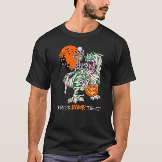 Trick Rawr Treat Skeleton Riding Dinosaur Rex Hall T-shirt (Voorkant)
