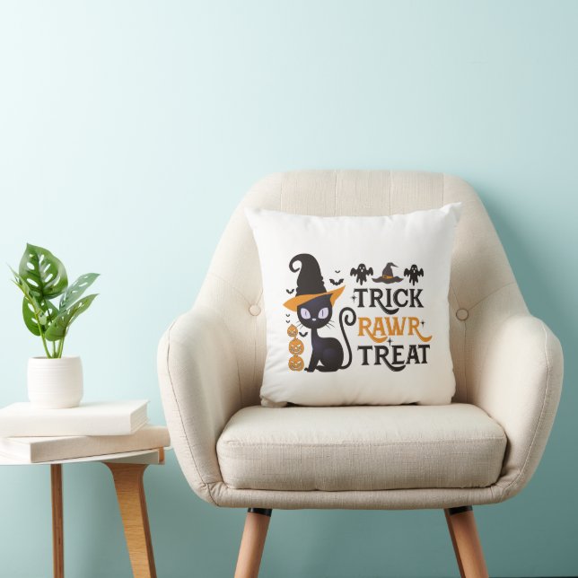 Trick Rawr Treat Zwart Kat Wit Halloween Kussen (Stoel)