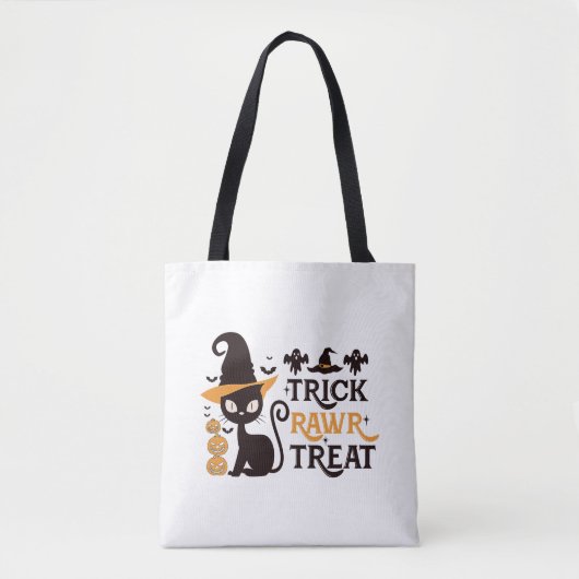 Trick Rawr Treat Zwart Kat Wit Halloween Tote Bag (Voorkant)