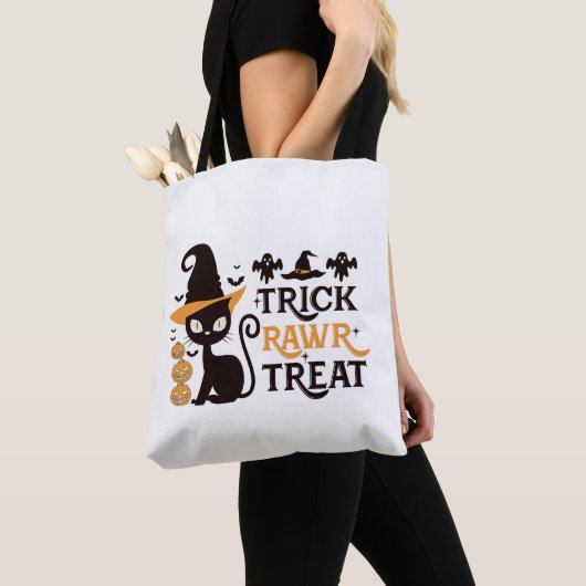 Trick Rawr Treat Zwart Kat Wit Halloween Tote Bag (Dichtbij)