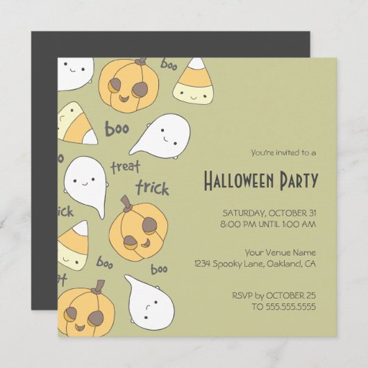 Trick Treat Boo. | Uitnodigingen van de Halloween- (Voorkant / Achterkant)