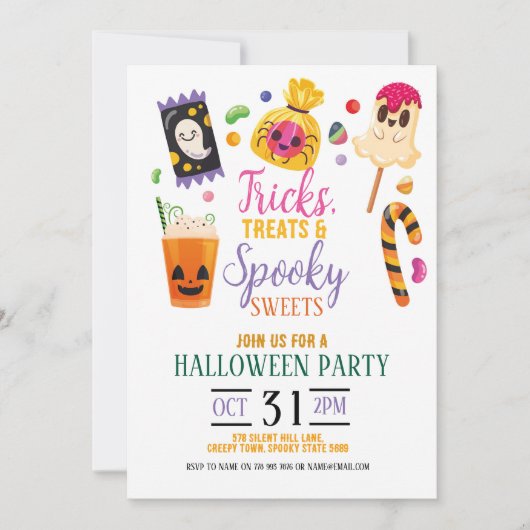 Tricks Treats Halloween Sweets Invites Party Kaart (Voorkant)