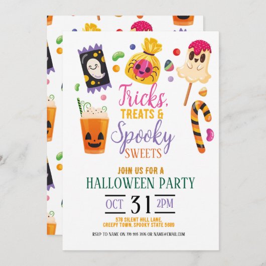 Tricks Treats Halloween Sweets Invites Party Kaart (Voorkant / Achterkant)