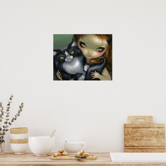 Tricksy Tuxedo Cat ART PRINT big eye cat fairy (Keuken)