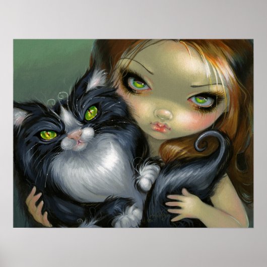 Tricksy Tuxedo Cat ART PRINT big eye cat fairy (Voorkant)