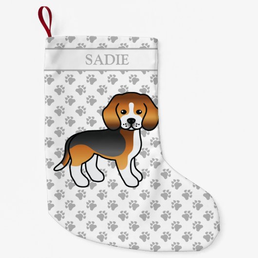 Tricolor Beagle Cute Cartoon Dog & Name Kleine Kerstsok (Voorkant)