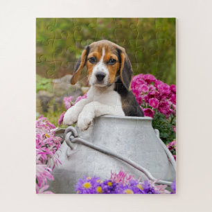 Tricolor Beagle Dog Puppy Pet in een melkkern Legpuzzel