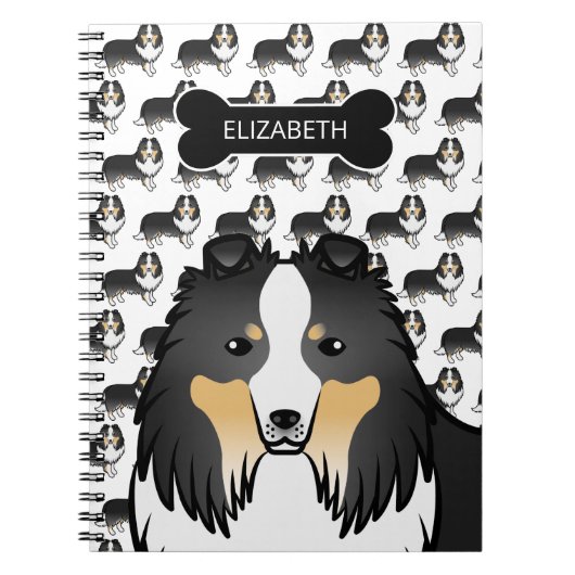 Tricolor Cartoon Sheltie met Dog Bone & Name Notitieboek (Voorkant)