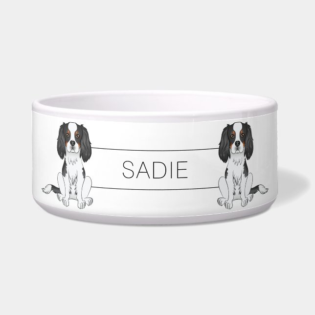 Tricolor Cavalier King Charles Spaniel Dogs & Name Voerbakje (Voorkant)