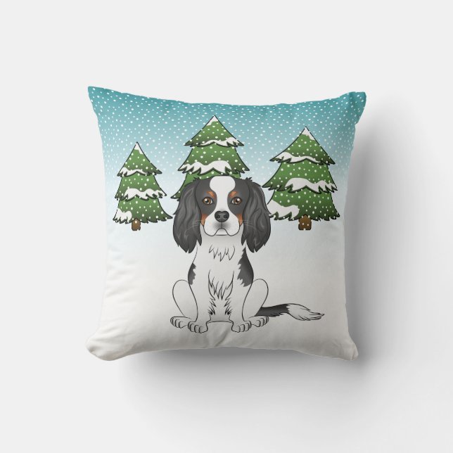 Tricolor Cavalier King Charles Spaniel in de winte Kussen (Voorkant)