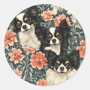 Tricolor Chihuahuas William Morris Style Floral Ronde Sticker
