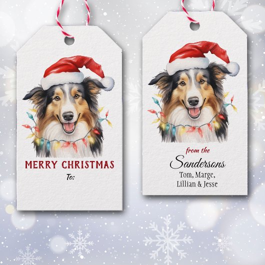 Tricolor Collie-hond Kerstmanhoed Kerstmis Cadeaulabel