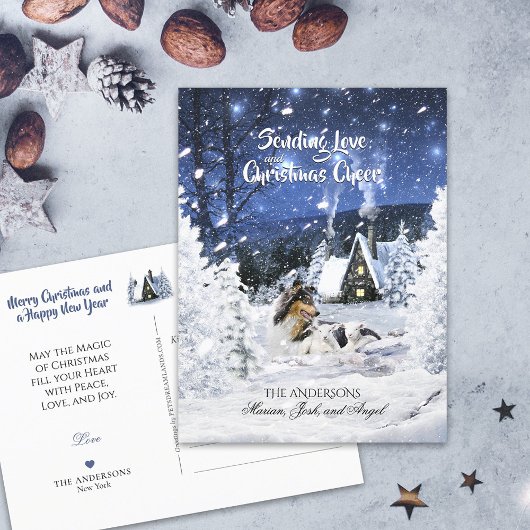 Tricolor Collie & Lambs in Snowy Night - Holiday Briefkaart