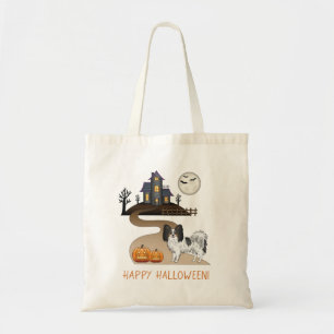 Tricolor Papillon Dog en Halloween Haunted House Tote Bag