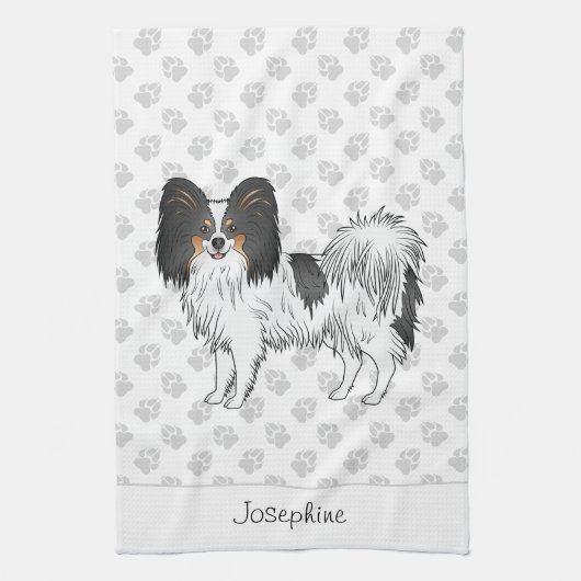 Tricolor Papillon Happy Dog met poten en naam Theedoek (Verticaal)