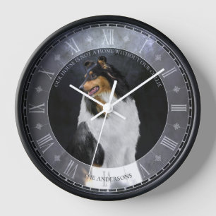 Tricolor Rough Collie Dog on Black, Roman Dial -