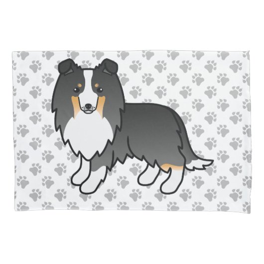 Tricolor Shetland Sheepdog Cartoon Dog & Paws Kussensloop (Voorkant)