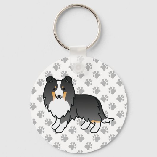 Tricolor Shetland Sheepdog Cartoon Dog & Paws Sleutelhanger (Voorkant)