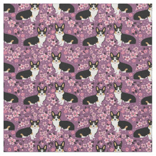 Tricolored Corgi Cherry Blossom fabric - paars Stof