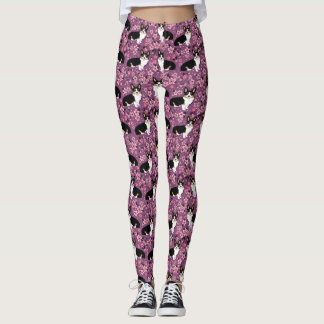 Tricolored Corgi Cherry Blossom leggings - paars