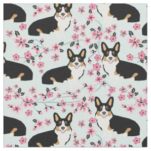 Tricolored Corgi dog cherry blossoms floral Stof
