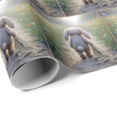 Triest floppy-eared konijn met een deken cadeaupapier (Rol Hoek)