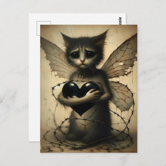 Trieste kat fee met zwart hart briefkaart (Voorkant / Achterkant)
