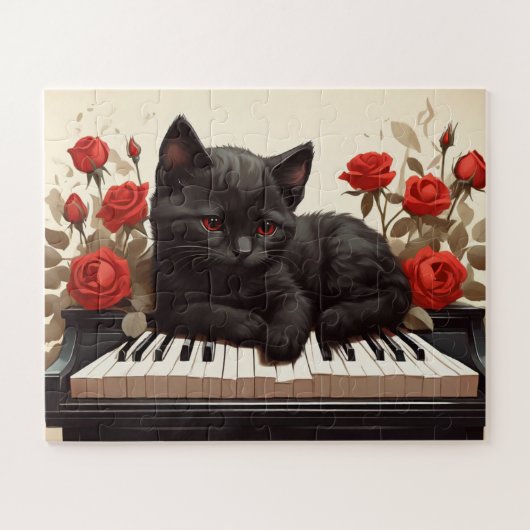 Trieste zwarte kat op piano legpuzzel (Horizontaal)