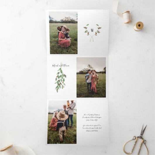 Trifold 4 Foto Kerst Kaart Waterverf Monogram (Binnen)