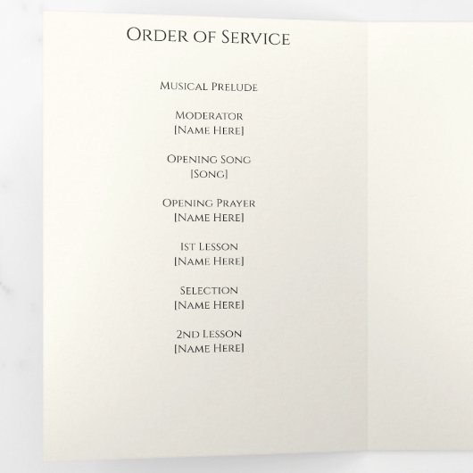 Trifold begrafenisprogramma - Viering van het leve Drieluik Programma (Binnenzijde eerst)