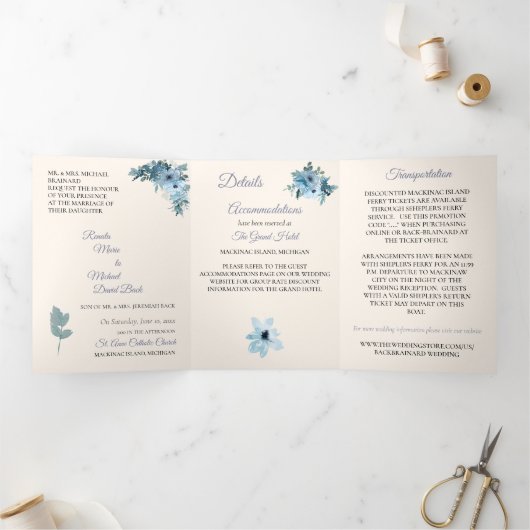 Trifold Blauw Bloemen Aquarel Huwelijksuitnodiging Drieluik Uitnodiging (Binnen)