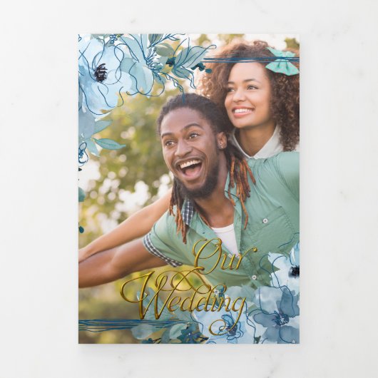 Trifold Blauw Bloemen Aquarel Huwelijksuitnodiging Drieluik Uitnodiging (Cover)