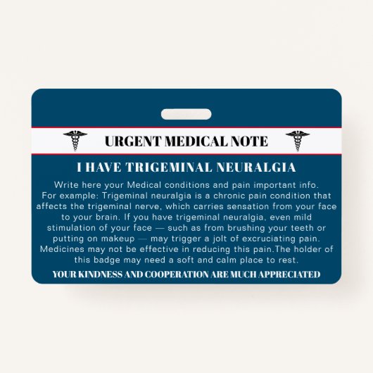 Trigeminale Neuralgia Emergency Medical Card Badge (Voorkant)