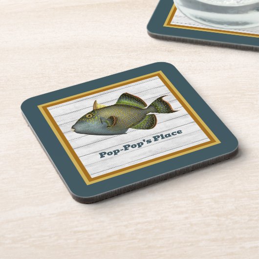 Triggerfish in Deep Blauwgroen Gold en Sinaasappel Bier Onderzetter (Linkerzijde)