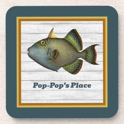 Triggerfish in Deep Blauwgroen Gold en Sinaasappel Bier Onderzetter (Voorkant)