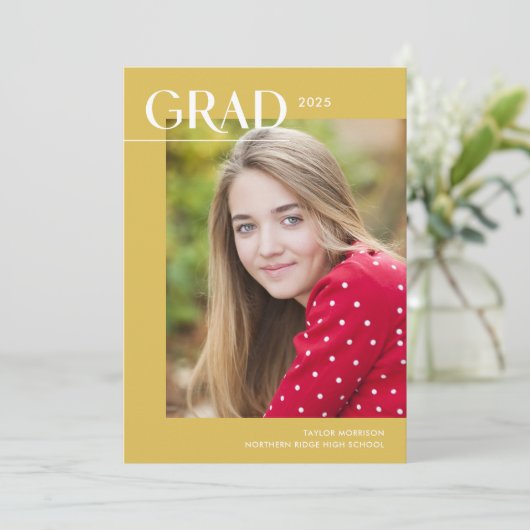 Trilgeel modern foto-verloopfeestje afstudeerfeest kaart (Staand voorkant)