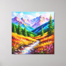 Trillend berglandschap met stroom, wilde bloem canvas afdruk