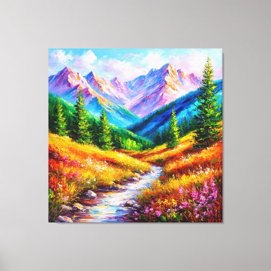Trillend berglandschap met stroom, wilde bloem canvas afdruk (Voorkant)