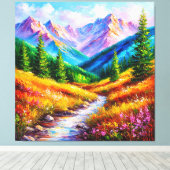 Trillend berglandschap met stroom, wilde bloem canvas afdruk (Insitu (Houten vloer))