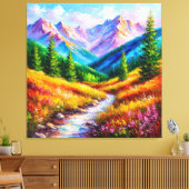 Trillend berglandschap met stroom, wilde bloem canvas afdruk (Insitu (Woonkamer))