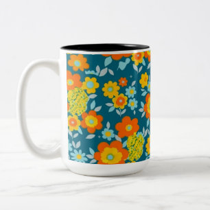 Trillend Oranje & Gele Bloemen op Diep Teal Tweekleurige Koffiemok