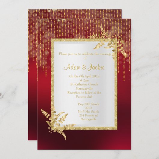 Trillend rood en goud blad ELEGANT TROUWEN Kaart (Voorkant / Achterkant)