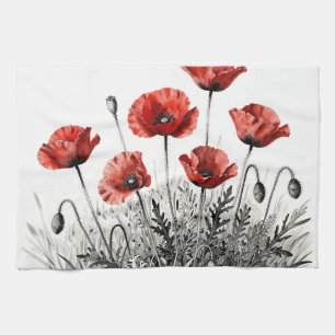 Trillend rood klaproos bloemenveld theedoek
