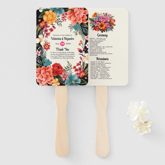 Trillend Waterverf Bloemenfeest Huwelijksprogramma Handwaaier (Voorkant en achterkant)