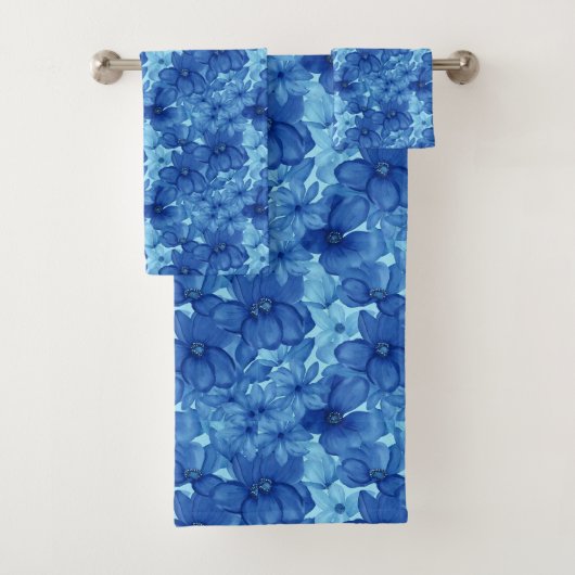 Trillende Blauwe Aquarel Bloemenset Handdoeken (Insitu)