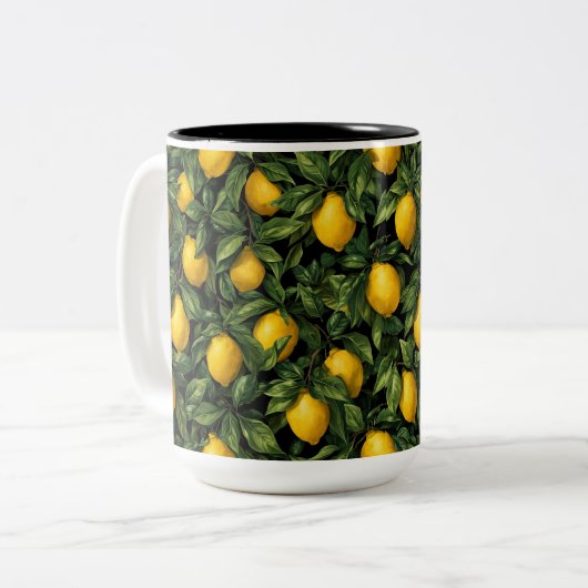 Trillende Citroen Citrus Boom Patroon Tweekleurige Koffiemok (Voorkant links)
